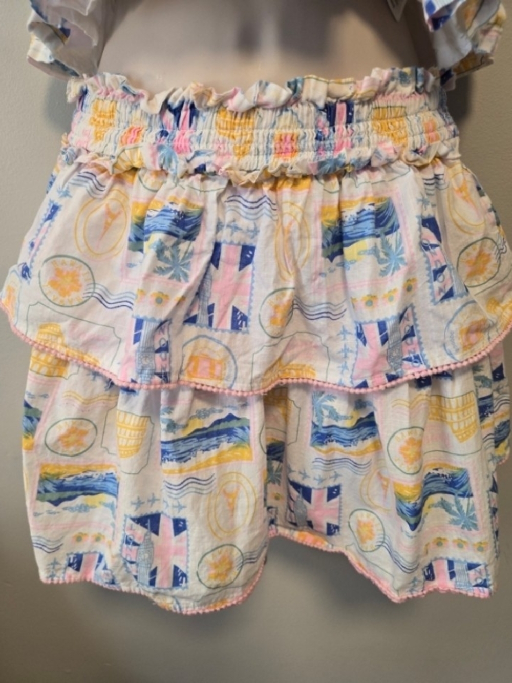 Haute Hippie Pastel Printed Smocked Two-Tier Skirt - Pink, Blue & Yellow Size L